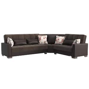 Basics Collection 3-Piece 108.7 in. Microfiber Convertible Sofa Bed Sectional 6-Seater With Storage, Brown/Black