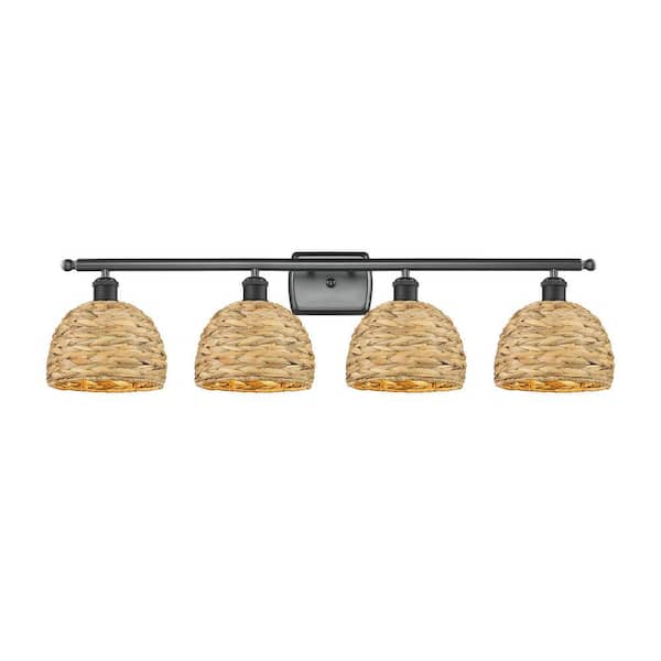 Woven Rattan 38 in. 4-Light Matte Black Vanity Light with Rattan Shade