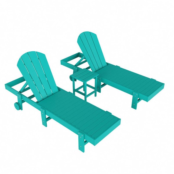 WESTIN OUTDOOR Laguna 3-Piece Outdoor Patio Adjustable HDPE Reclining Adirondack Chaise Lounger with Wheels, Side Table Set, Turquoise