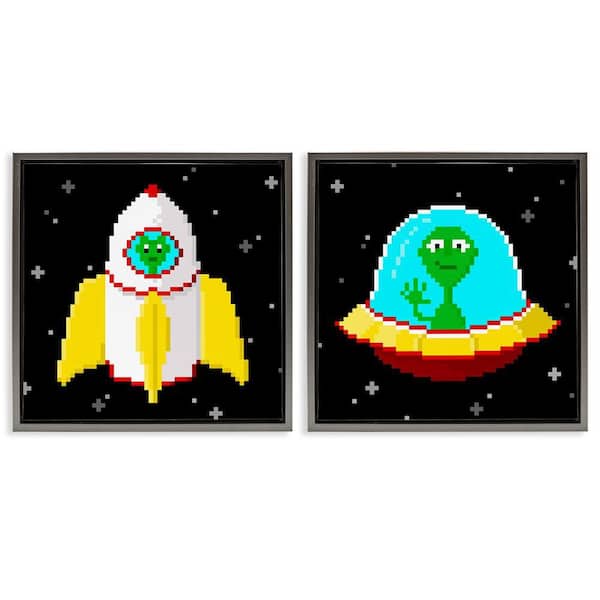 Stupell Industries Pixel Alien Spaceships by June Erica Vess 2-Pieces Gray Floater Frame Fantasy Graphic Art Print 25 in. x 25 in.