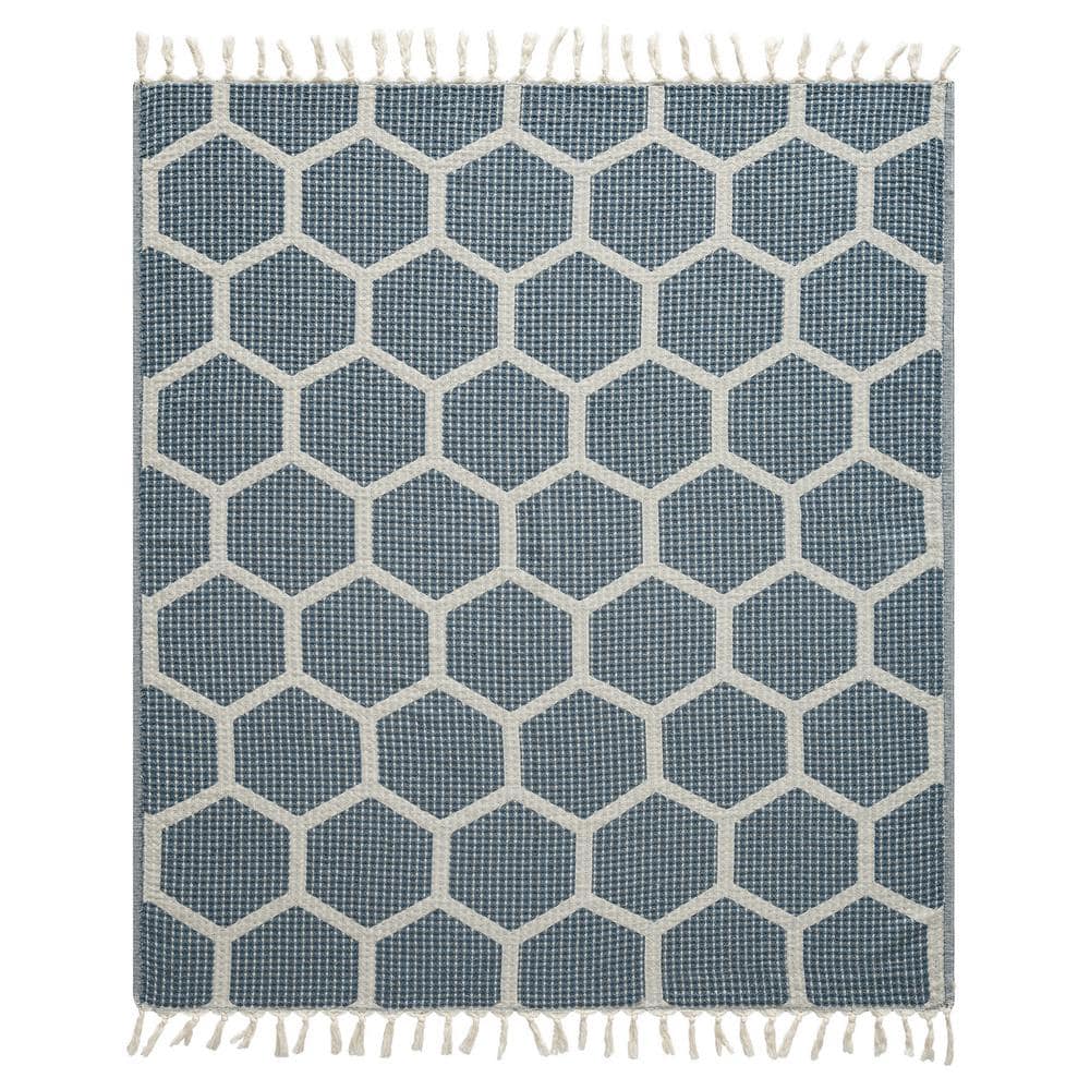 Avelyn Blue/Cream Geometric Farmhouse All Natural Turkish Cotton Throw Blan