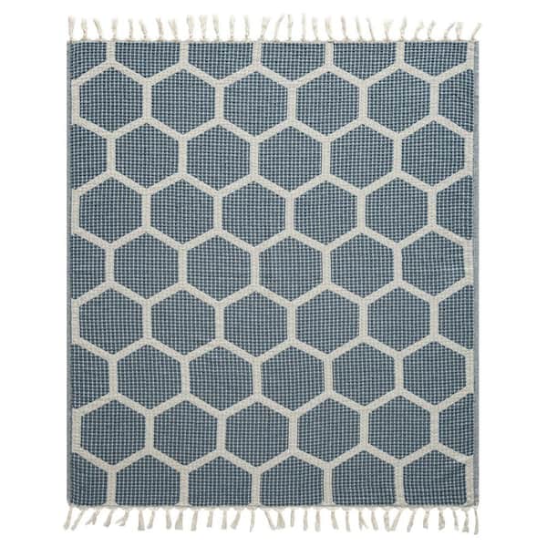 Unbranded Avelyn Blue/Cream Geometric Farmhouse All Natural Turkish Cotton Throw Blanket