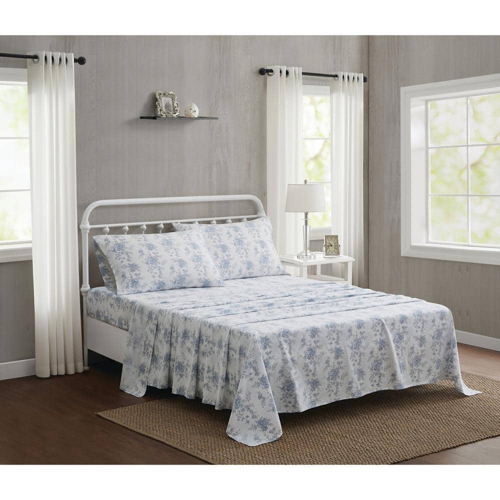 King White and Blue Cotton Floral Percale Sheet Set