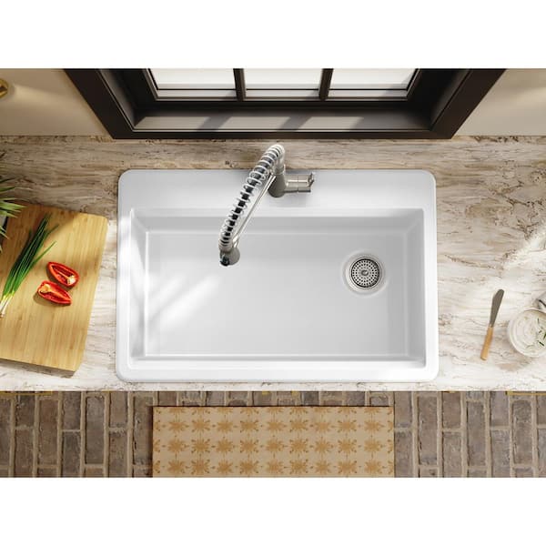 Lassen 33 in. Drop-in Single Bowl Granite Composite Kitchen Workstation Sink in Matte White with Faucet