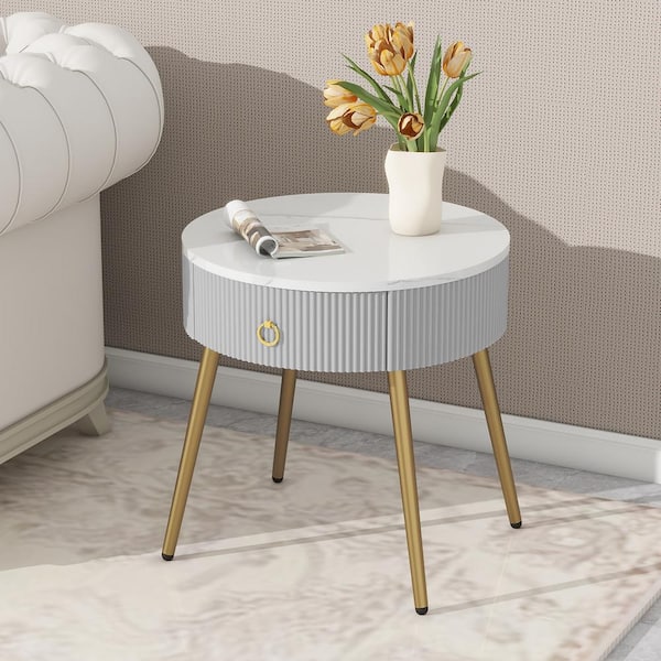 19.6 in. Gray Round MDF Coffee Tables Side Tables Set of 2 with Drawers
