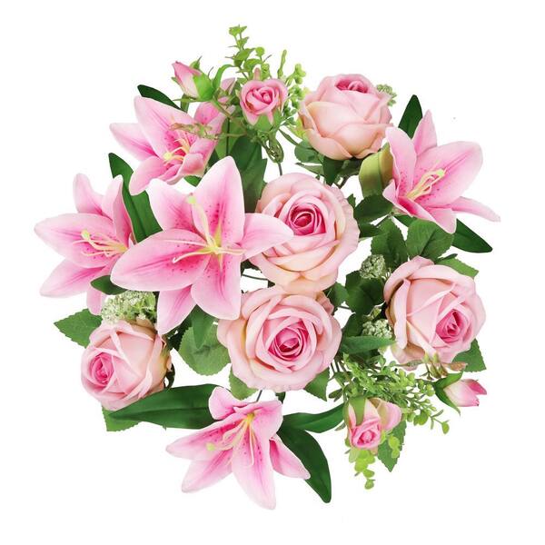LIVING LUXURY 18 in. Pink Artificial Mixed Rose Stargazer Lily