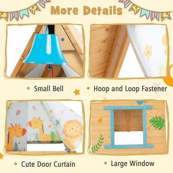 2-in-1 Wooden Kids Triangle Playhouse with Climbing Wall and Front Bell | Costway