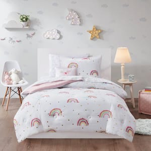 Mia 6-Piece White Twin Polyester Rainbow and Metallic Stars Comforter Set with Bed Sheets