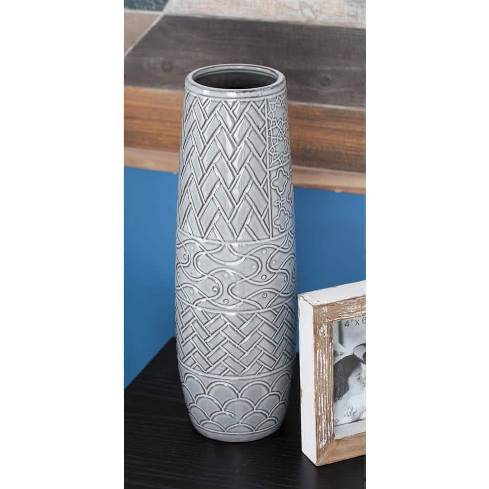 16" Gray Ceramic Floor Vase with Geometric Patterns