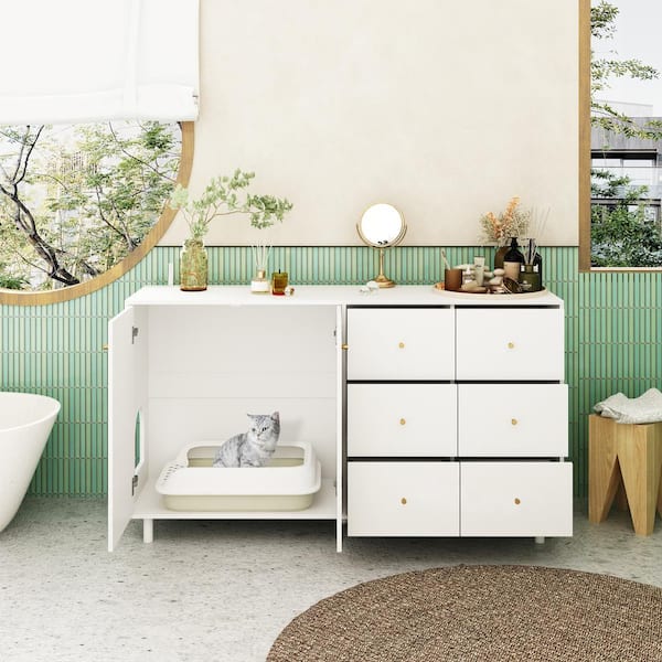 FUFU&GAGA 6-Drawer Small Animal Cage, Cat Washroom Storage Bench Side Table Cat House Wood Television Stand for Living Room