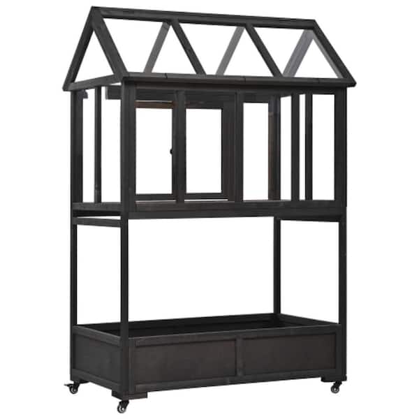 Tenleaf 23.6 in. W x 47.2 in. D x 69.3 in. H Black Wood Portable Frame Movable Wheels Greenhouse Openable Roof and Storage Box