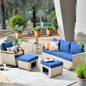 Aphrodite 5-Piece Wicker Patio Conversation Seating Sofa Set with Navy Blue Cushions and Swivel Rocking Chairs