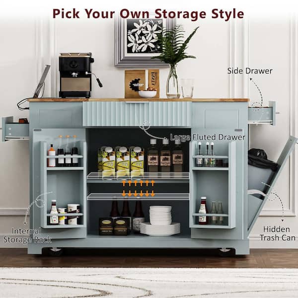 XUJMK Gray Wood 49 in. Kitchen Island with Trash Can Storage