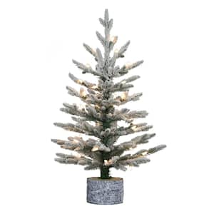 Pre-Lit 2 ft. Green Potted Flocked Pencil Arctic Fir Artificial Christmas Tree