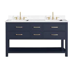 Brooks 61 in. W. x 22 in. D x 35 in. H Double sinks Bath Vanity in Navy Blue finish with Cala White Engineered Top