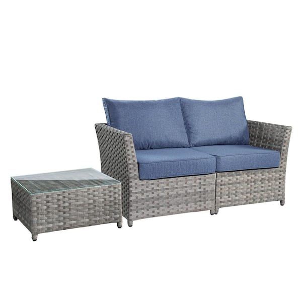 Vanilla 3 Pieces Wicker Patio Conversation Seating Sofa Set with Denim Blue Cushions