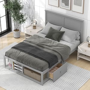 Gray Wood Frame Full Size Platform Bed with 2 Built-in Drawers and Big Shelf at the End of the Bed