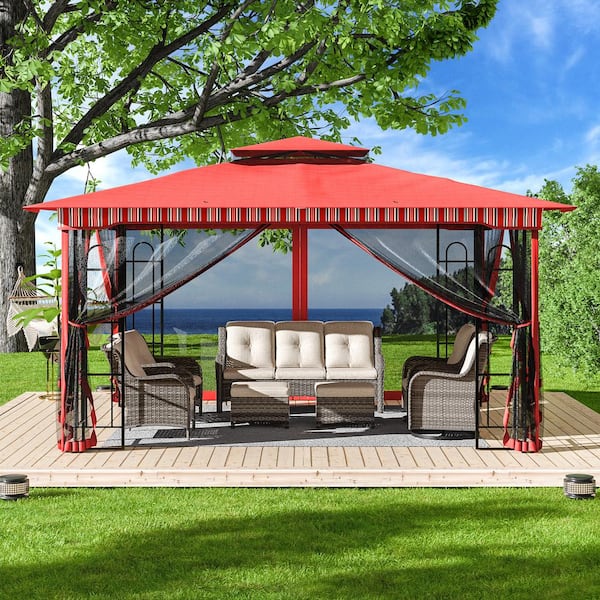 13 ft. x 11 ft. Outdoor Patio Red Steel Gazebo with Mosquito Netting