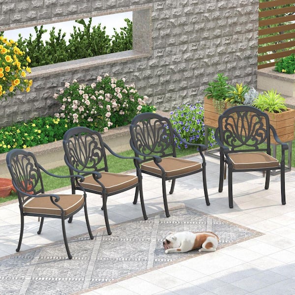 Black Stackable Cast Aluminum Patio Outdoor Dining Chairs with Brown Seat Cushions (Set of 4)
