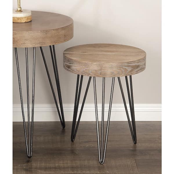 Litton Lane 16 in. Brown Medium Round Wood End Table with Black Metal Hairpin Legs