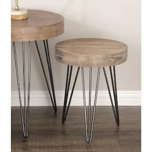 16 in. Brown Medium Round Wood End Table with Black Metal Hairpin Legs