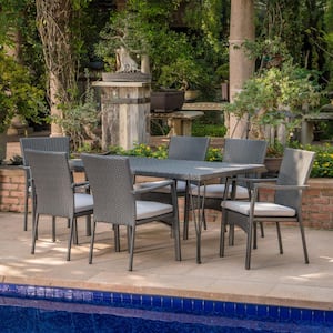 Luka Grey 7-Piece Faux Rattan Outdoor Dining Set with Grey Cushions