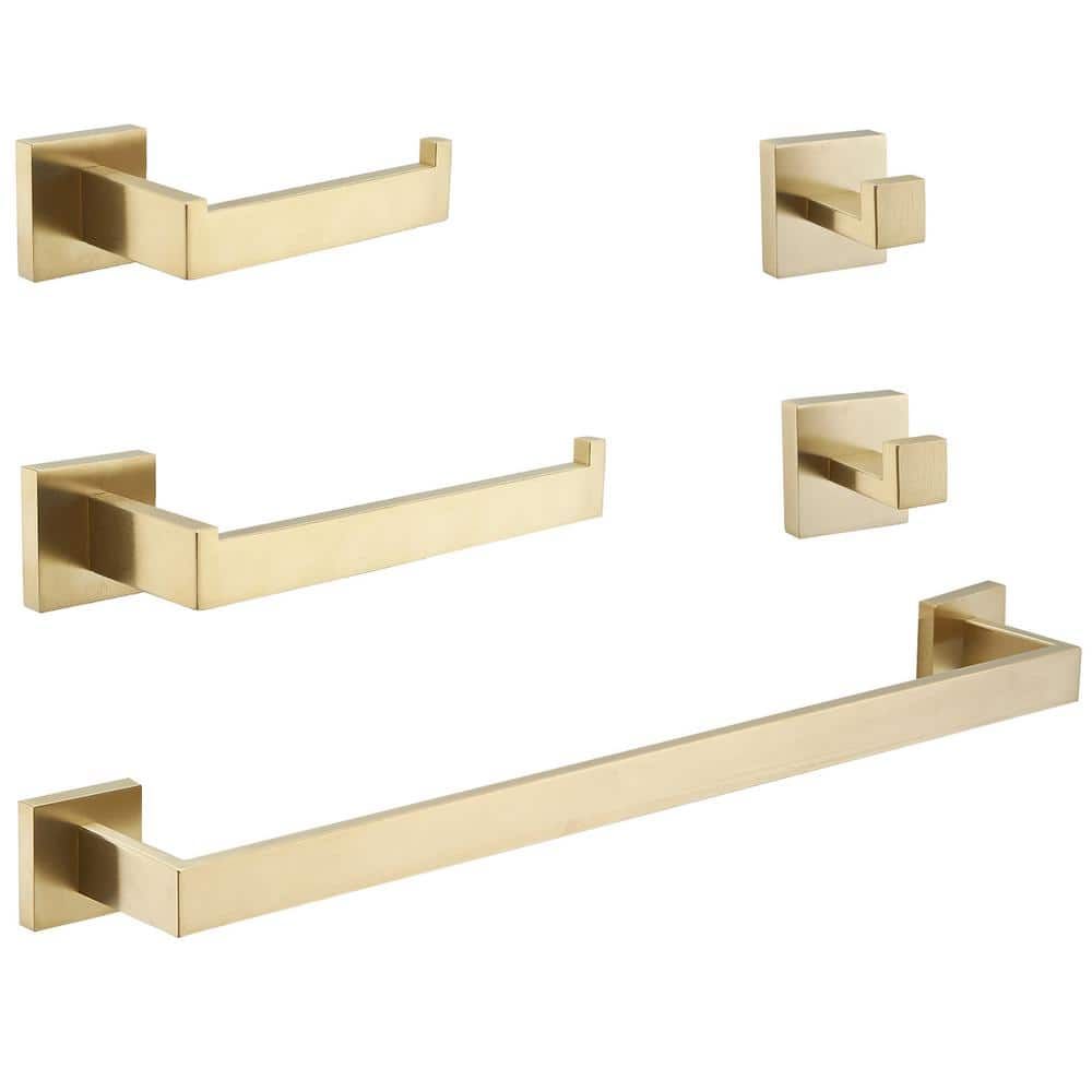 Bathroom Hardware 5-Piece Bath Hardware Set with Towel Bar, Robe Hook, Toilet Paper Holder in Brushed Gold -  HOMEMYSTIQUE, NBHS025G