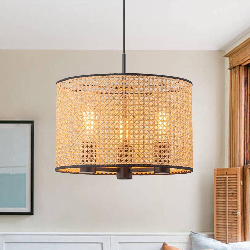 Ravia 15.7 in. 3-Light Matte Black Pendant Light with Handwoven Rattan Drum Shade price history on PriceWatchPro