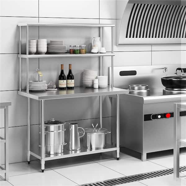 Silver Stainless Steel 48 in. 2-Tier Overshelf Kitchen Prep Table with Adjustable Lower Shelf