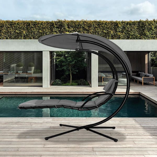 Maypex 73 in. Steel Outdoor Floating Hanging Curved Chaise Lounge Chair with Grey Cushion and Canopy Umbrella