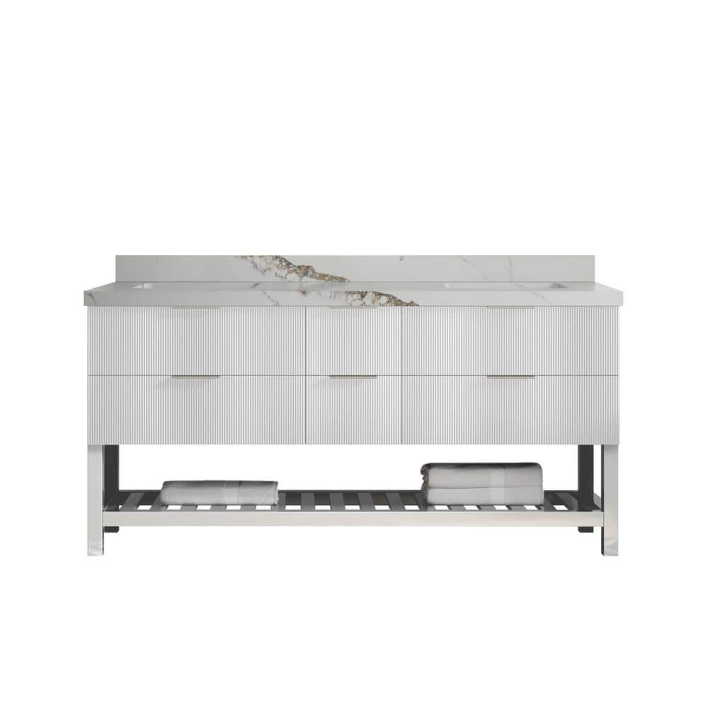 Catalina 72 in. Double Sink Freestanding Fine Grain Bath Vanity with Calacatta Gold Qt. Top Unassembled price history on PriceWatchPro