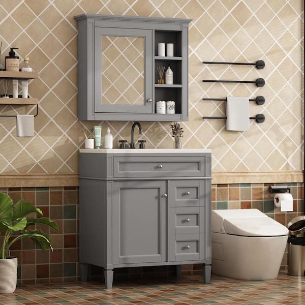 30 in. Single Sink Freestanding 2 Drawers and a Tip-Out Drawer Gray Bath Vanity with White Ceramic Top Mirror Cabinet