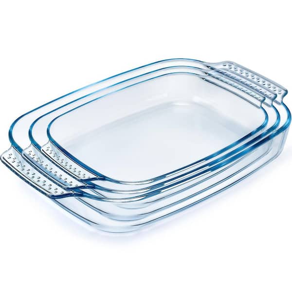 3 Piece Rectangular Glass Baking Dish Set Oven Safe Borosilicate Pan with Handles for Cooking and Freezer Use