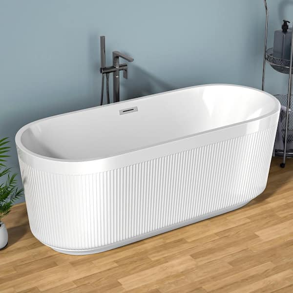 59 in. x 30 in. Acrylic Freestanding Soaking Bathtub Pleated Design with Chrome Center Pop-Up Drain in White