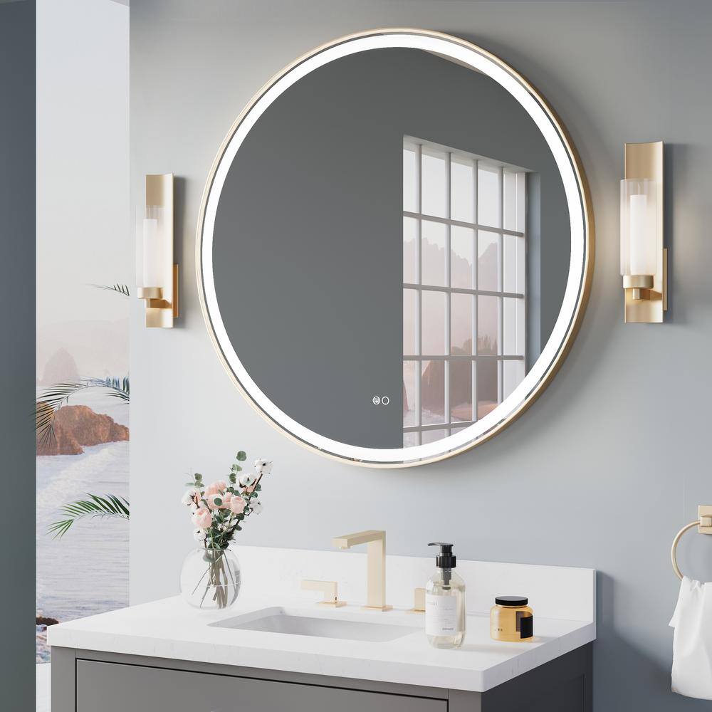 36 in. W x 36 in. H Round Framed Wall Anti-Fog LED Bathroom Mirror in Gold