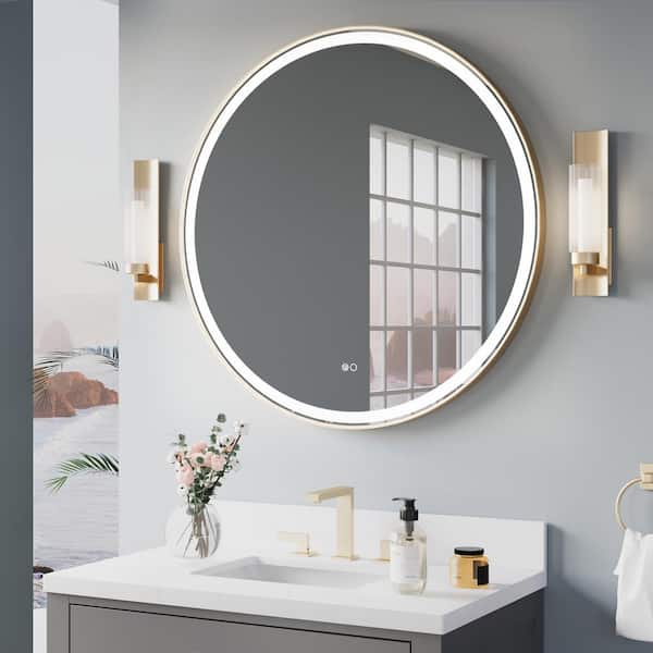 ANGELES HOME 36 in. W x 36 in. H Round Framed Wall Anti-Fog LED Bathroom Mirror in Gold