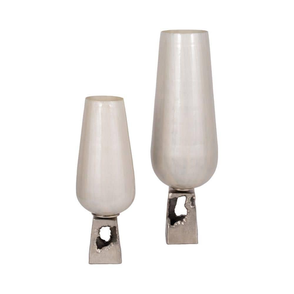 Pearl White Glass Vase with Metal Base, 19" Tall