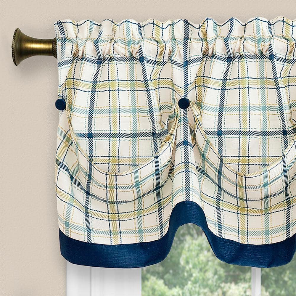 Navy Plaid Polyester Rod Pocket Valance with Buttons
