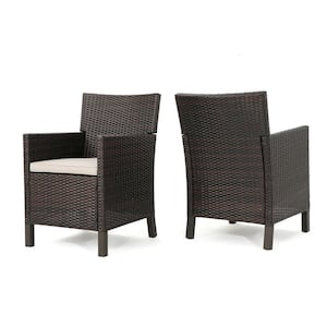 Cypress Multi-Brown Armed Faux Rattan Outdoor Dining Chair with Light Brown Cushions (2-Pack)