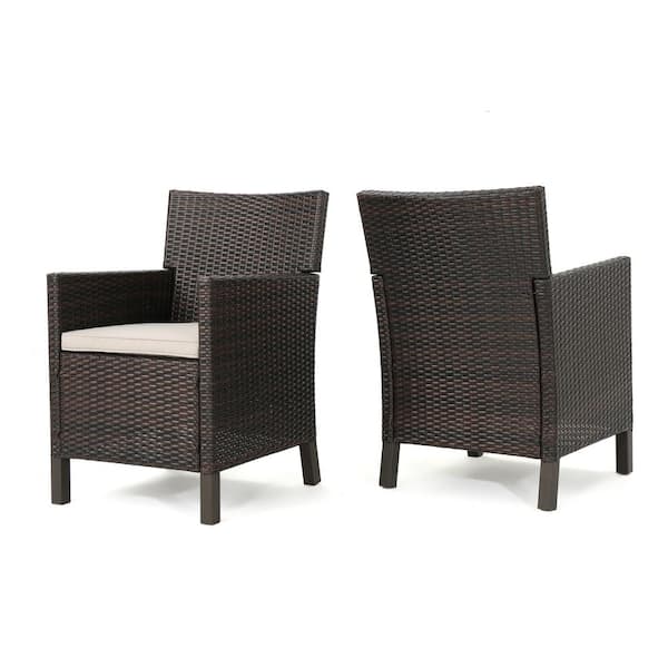 Cypress Multi-Brown Armed Faux Rattan Outdoor Dining Chair with Light Brown Cushions (2-Pack)