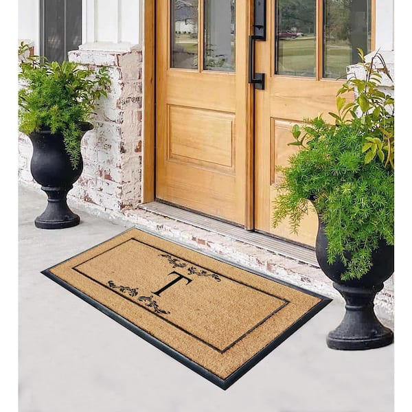 A1 Home Collections A1hc Stylish Leaf Border Black 23 in. x 38 in. Rubber and Coir Large Outdoor Durable Monogrammed G Door Mat