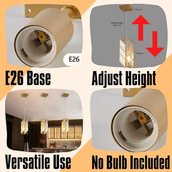 Modern 3 Pack 1-Light Golden Finish with Crystal Accents Cylinder Pendant Chandelier for Kitchen Island or Dining Room