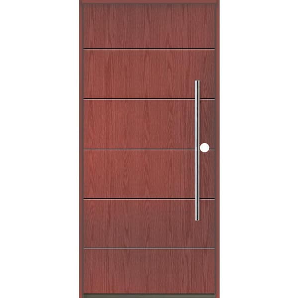 Krosswood Doors TETON Modern Faux Pivot 36 in. x 80 in. Left-Hand/Inswing 6-Grid Solid Panel Redwood Stain Fiberglass Prehung Front Door