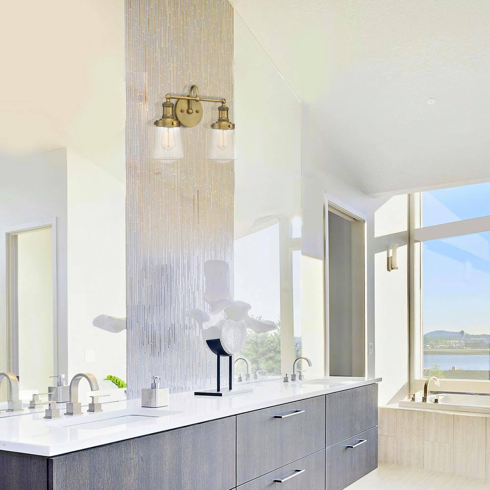 Taylor Old Satin Brass 2-Light Dimmable Vanity Fixture with Clear Glass Shades