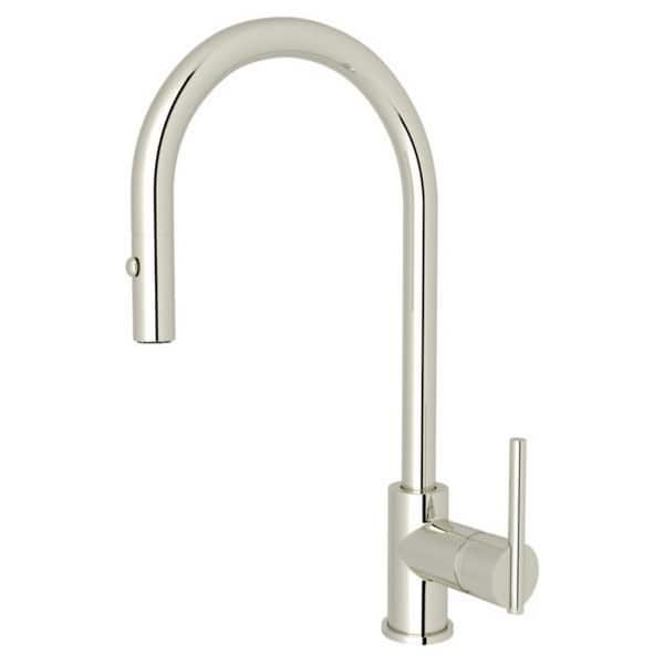 ROHL Pirellone Single Handle Pull Down Sprayer Kitchen Faucet with Secure Docking, Gooseneck in Polished Nickel