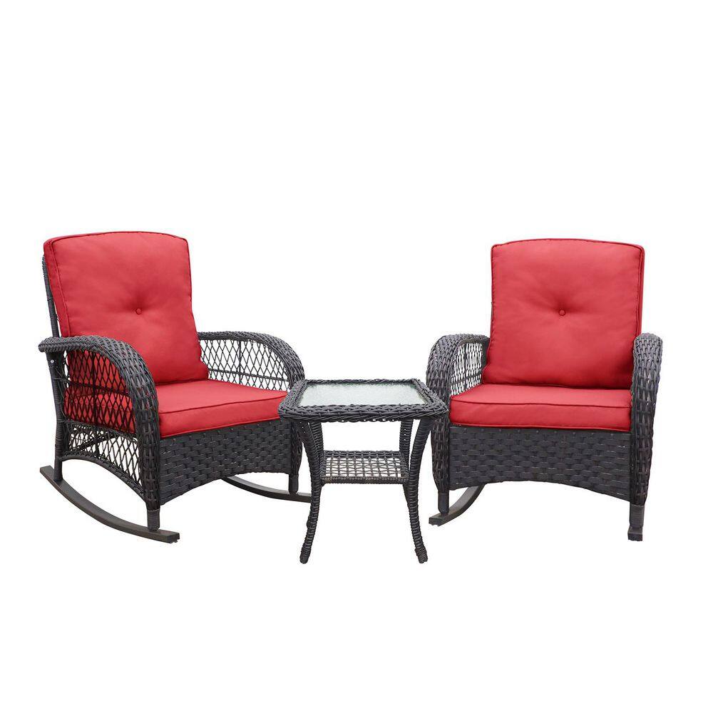 3-Piece Wicker Outdoor Chat Set Bistro Set Conversation Set Patio Side Table and Rocking Chair with Red Cushion price history on PriceWatchPro