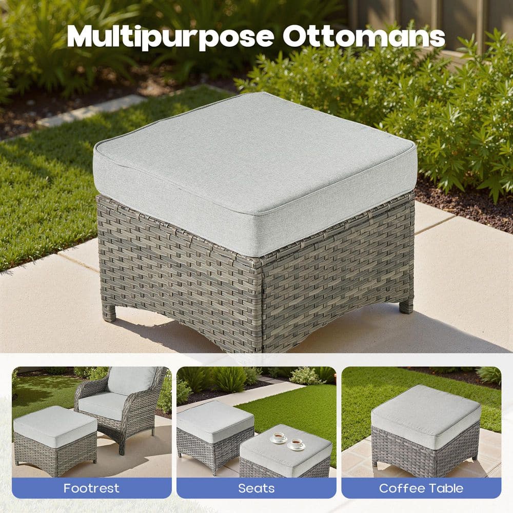 A gray wicker ottoman used as a footrest, seat, or coffee table.