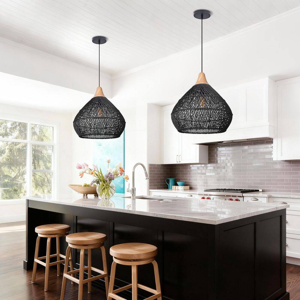 1 Light Black Hand-Woven Rattan Pendant Light with Pear Shape, No Bulbs Included 20 in. price history on PriceWatchPro