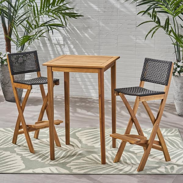 Noble House Polaris Natural 3-Piece Wood Square 41 in. Outdoor Patio Serving Bar Set