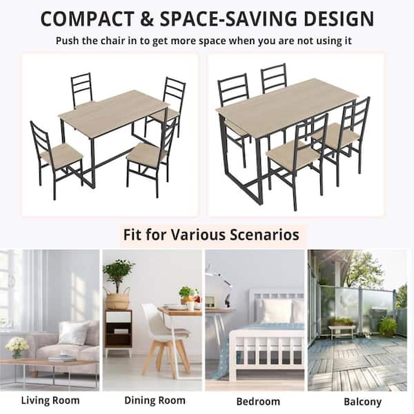 Beige 29.5 in.H Dining Set with Wood Metal Table and 4 Chairs (5 Piece)